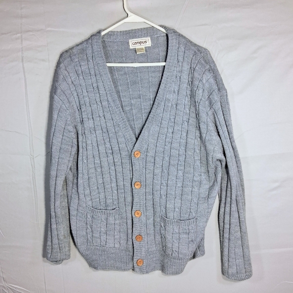Campus Other - Men's Vintage XL Stretchy Campus Gray Cable Knit ButtonDown Cardigan Sweater